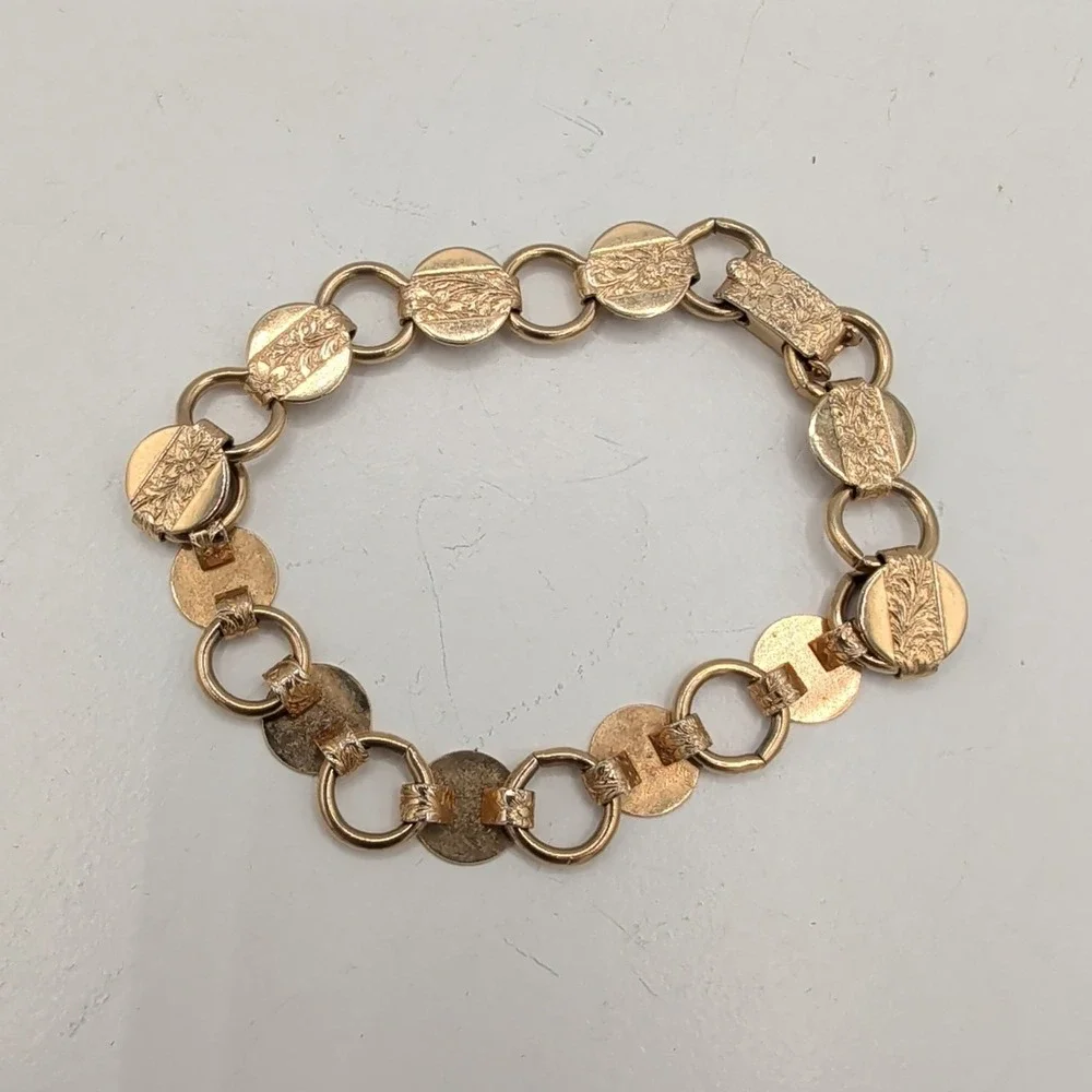 Vintage Gold Tone Sarah Coventry textured disks round link chain Bracelet‎ 7 